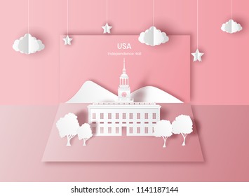 Pop up design concept,Independence Hall is famous landmark of USA,paper cut style vector illustration.