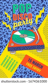 Pop disco party poster or invitation banner template in colorful bright retro style, cartoon vector illustration. 80s and 90s music dance evening background.
