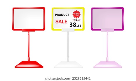 Pop display stand isolated on white background color mock-up set. Shelf label for retail store vector mockup. Supermarket price tag holder board. Easy editable