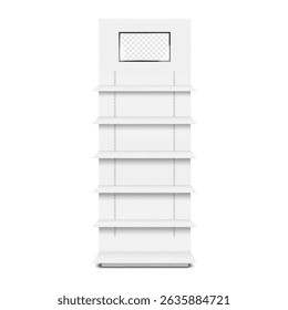 POP display stand with shelves and LED screen front view. Realistic 3d vector mockup. Floor standing retail exhibition rack construction with built-in LCD monitor. Mock-up. Template for design