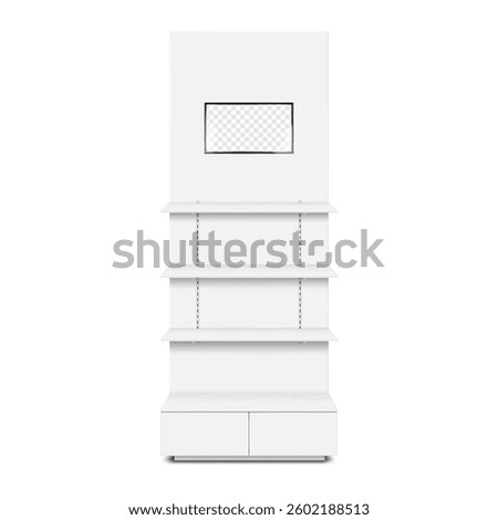 POP display stand with shelves, storage cabinet, LED screen front view. Realistic 3d vector mockup. Floor standing retail exhibition construction with built-in LCD monitor. Mockup. Template for design