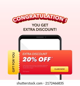 Pop up extra discount banner on smartphone vector illustration for marketing or sale promotion