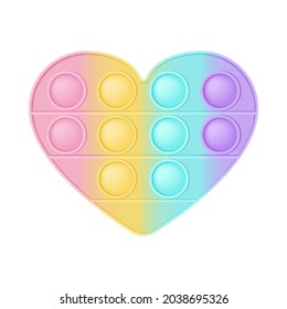 Pop it a fashionable silicon toy for fidgets. Addictive anti-stress heart toy in pastel colors. Bubble sensory developing popit for kids fingers. Vector illustration isolated on a white background.