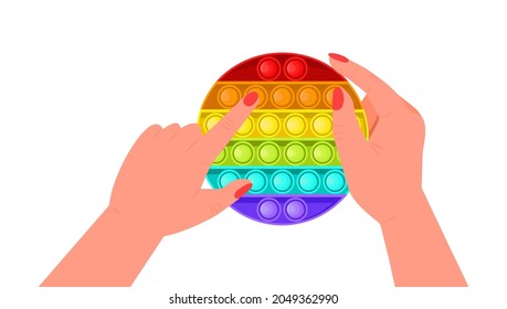 Pop it fidget, antistressor toy vector in flat style. Trendy sensory playthings. Colorful hand toy for children, push bubbles for enjoy. Anti stress kid game. Kids hands holding silicone bubbles 