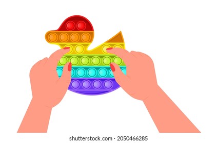 Pop it fidget, antistressor toy vector in flat style. Trendy sensory playthings. Colorful hand toy for children, push bubbles for enjoy. Anti stress kid game. Kids hands holding silicone bubbles 