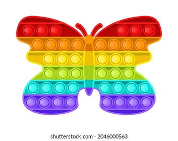 Pop it fidget butterfly, antistressor toy vector in flat style. Set of trendy sensory playthings. Colorful hand toy for children, push bubbles for enjoy. Anti stress kid game. 