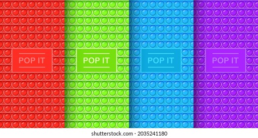 Pop It fidget patterns. Bright antistress toy design. Colorful vector illustration for children close up. Simple top view, flat lay. Set of rainbow color pattern.