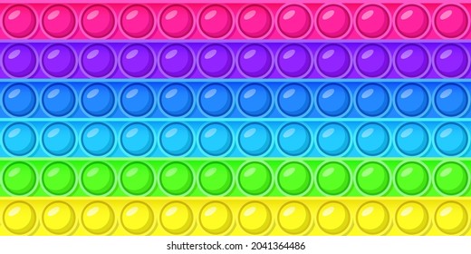 Pop It fidget patterns. Bright antistress toy design. Colorful vector illustration for children close up. Simple top view, flat lay. Set of rainbow color seamless pattern.