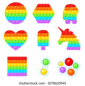 Pop it fidget. Popit fidgets, push bubble game, kids sensory toy, simple dimple, antistress, trendy silicone toys of different shapes and colors, cartoon set vector illustration, silicone fidget toys