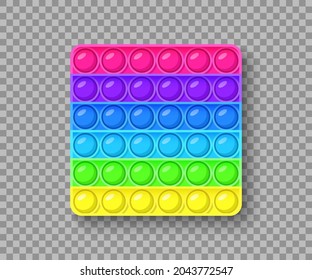 Pop It fidget toy icon. Colorful vector illustration isolated on transparent background. Bright colorful antistress toy design for children. Simple top view, flat lay. Cute rainbow toy for kids, girls
