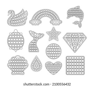 Pop It Fidget Toy. Set. Isolated Icons. Flat Cartoon style. Outline. Template. Black and White color. Simple design. Illustration for Little Children. White background. Vector.