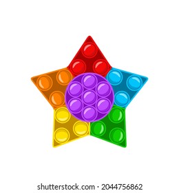 Pop it fidget, Trendy antistress sensory toy isolated on white background. Star shape antistress children game. Colorful hand toy with push bubbles. Vector illustration in flat cartoon style