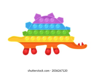 Pop it fidget. Trendy sensory plaything. Dinosaur shaped antistress children game. Colorful hand toy with push bubbles. Vector illustration in flat cartoon style.