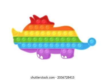 Pop it fidget. Trendy sensory plaything. Dinosaur shaped antistress children game. Colorful hand toy with push bubbles. Vector illustration in flat cartoon style.