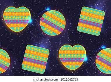 pop it fidgets and stars. Heart shaped colorful antistress toys, square shape, circle figure. Hand toy with push bubbles for kids. Sensory fidget in rainbow colors. Relax popit vector illustration