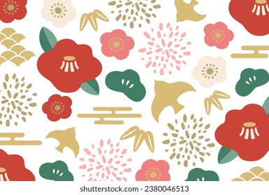 Pop-flaches Design von japanischen Musterblumen und Kiefer-, Bambus- und Pflaumenblüten.