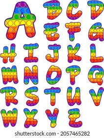 Pop it font design - alphabet. Bubble touch letters Simple Dimple . Isolated vector illustration on a white background.