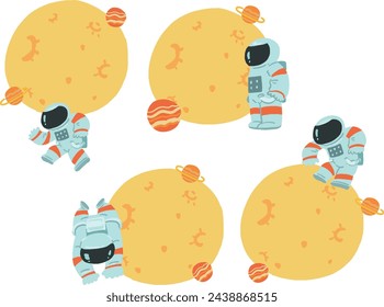  Pop frame illustration set of people in spacesuits and moon and planets