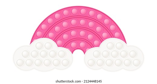 Pop it fuchsia pink rainbow with cloud for a Valentines day as a fashionable silicon fidget toy. Addictive anti-stress cute toy in pastel colors. Bubble popit for kids. Vector illustration isolated on