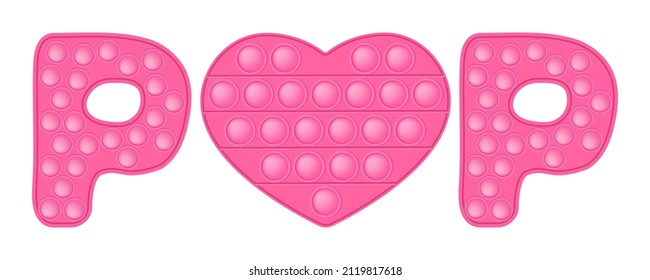 Pop it fuchsia pink sign POP with a heart for a Valentines day as a fashionable silicon fidget toy. Addictive anti-stress cute toy in pastel colors. Bubble popit for kids. Vector illustration isolated