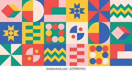 Pop geometric banner artwork design in bright fun colors yellow, blue and red vector