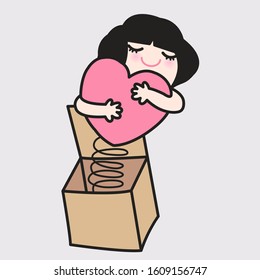 Pop Up Girl Hugging Pink Heart Coming Out Of The Surprise Box. Valentine's Day Concept Card Character illustration