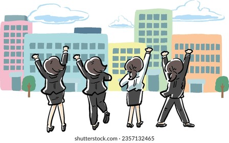 Pop hand-drawn style building street and hand-drawn style irris of office ladies posing in the back