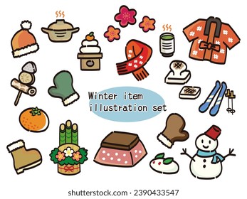 Pop hand-drawn style winter item illustration set