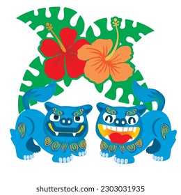 pop hibiscus and shisa illustration. Shisa is a clay figure of the guardian deity of Okinawa, Japan. Okinawa guardian lions