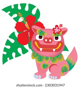 pop hibiscus and shisa illustration. Shisa is a clay figure of the guardian deity of Okinawa, Japan. Okinawa guardian lions