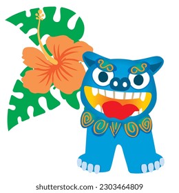 pop hibiscus and shisa illustration. Shisa is a clay figure of the guardian deity of Okinawa, Japan. Okinawa guardian lions