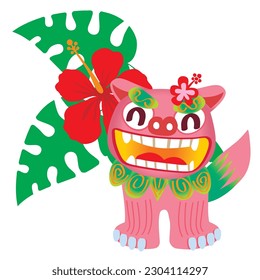 pop hibiscus and shisa illustration. Shisa is a clay figure of the guardian deity of Okinawa, Japan. Okinawa guardian lions