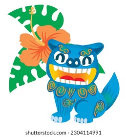 pop hibiscus and shisa illustration. Shisa is a clay figure of the guardian deity of Okinawa, Japan. Okinawa guardian lions