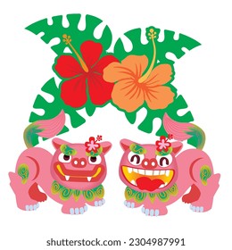 pop hibiscus and shisa illustration. Shisa is a clay figure of the guardian deity of Okinawa, Japan. Okinawa guardian lions