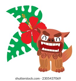 pop hibiscus and shisa illustration. Shisa is a clay figure of the guardian deity of Okinawa, Japan. Okinawa guardian lions