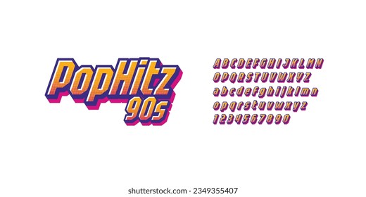 Pop Hitz 90s is Retro Font 90's, 80's with colorful layers and gradation dots effect. Vector abc alphabet