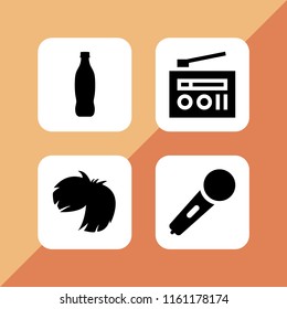 pop icon. 4 pop set with wig, karaoke microphone icon, radio and soda vector icons for web and mobile app