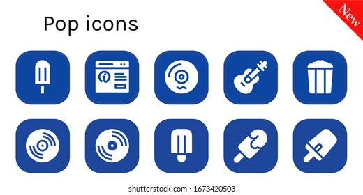 pop icon set. 10 filled pop icons.  Simple modern icons such as: Popsicle, Pop up, Vinyl, Guitar, Popcorn
