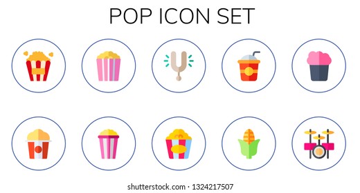 pop icon set. 10 flat pop icons.  Collection Of - popcorn, tuning, straw, corn, drum set