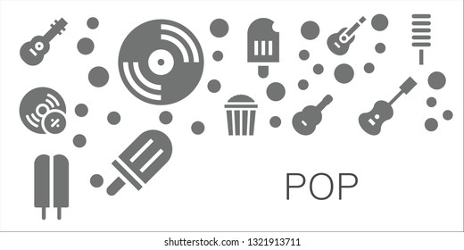 pop icon set. 11 filled pop icons.  Collection Of - Guitar, Vinyl, Vynil, Popcorn, Popsicle, Acoustic guitar