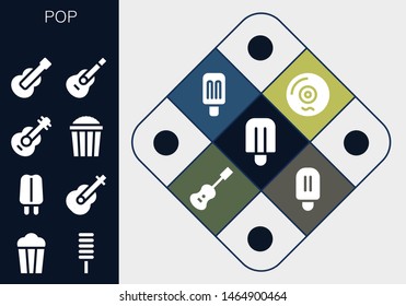 pop icon set. 13 filled pop icons.  Collection Of - Popsicle, Popcorn, Guitar, Vinyl, Acoustic guitar