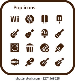  pop icon set. 16 filled pop icons. Simple modern icons about  - Wii, Vinyl, Popsicle, Guitar, Turntable, Popcorn, Vynil, Comic