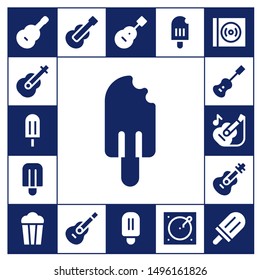 pop icon set. 17 filled pop icons.  Collection Of - Guitar, Popsicle, Acoustic guitar, Popcorn, Turntable, Vinyl