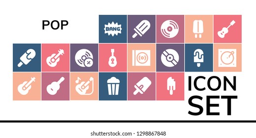  pop icon set. 19 filled pop icons. Simple modern icons about  - Comic, Popsicle, Guitar, Popcorn, Vynil, Vinyl, Turntable, Acoustic guitar