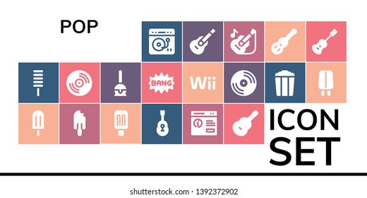 pop icon set. 19 filled pop icons.  Simple modern icons about  - Turntable, Popsicle, Guitar, Pop up, Vinyl, Cake Comic, Wii, Popcorn, Acoustic guitar