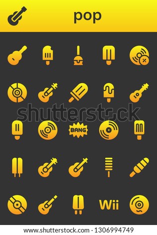pop icon set. 26 filled pop icons.  Collection Of - Guitar, Popsicle, Cake pop, Vynil, Vinyl, Comic, Wii