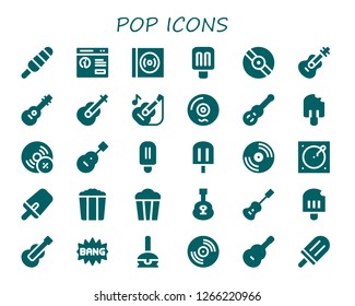  pop icon set. 30 filled pop icons. Simple modern icons about  - Popsicle, Pop up, Vinyl, Guitar, Vynil, Turntable, Popcorn, Acoustic guitar, Comic, Cake pop