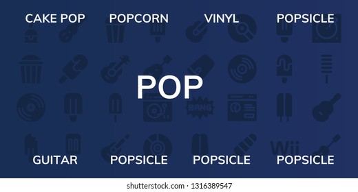 pop icon set. 32 filled pop icons. on blue background style Collection Of - Cake pop, Popcorn, Vinyl, Popsicle, Guitar, Turntable, Comic, up, Wii, Acoustic guitar