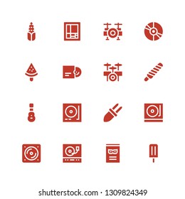 pop icon set. Collection of 16 filled pop icons included Ice lolly, Comic, Turntable, Vinyl, Corn, Acoustic guitar, Popsicle, Drum set, Mondrian