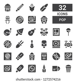 pop icon set. Collection of 32 filled pop icons included Popcorn, Vinyl, Corn, Popsicle, Turntable, Comic, Drum set, Acoustic guitar, Cake pop, Mondrian, Ring pop